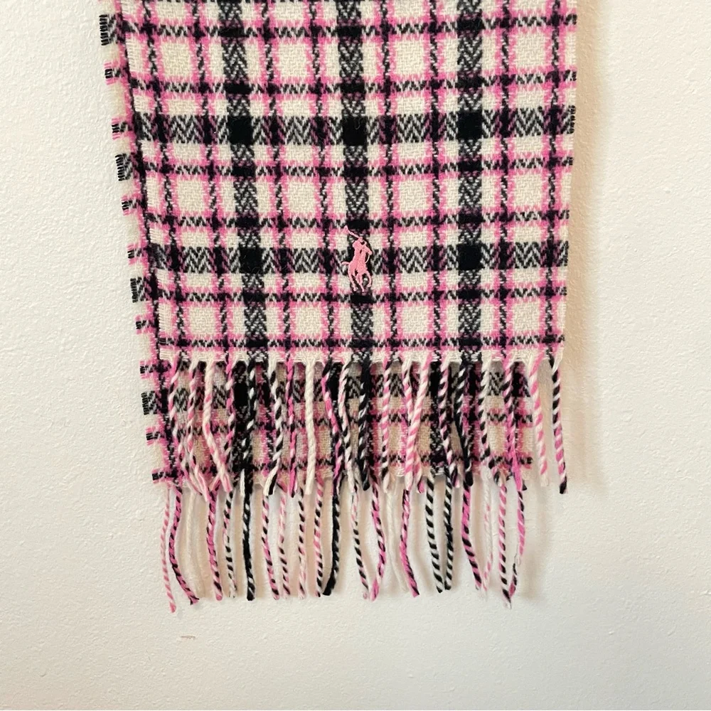 Ralph Lauren Blue Label Pink Plaid Fringe Scarf 100% Lambswool Italy